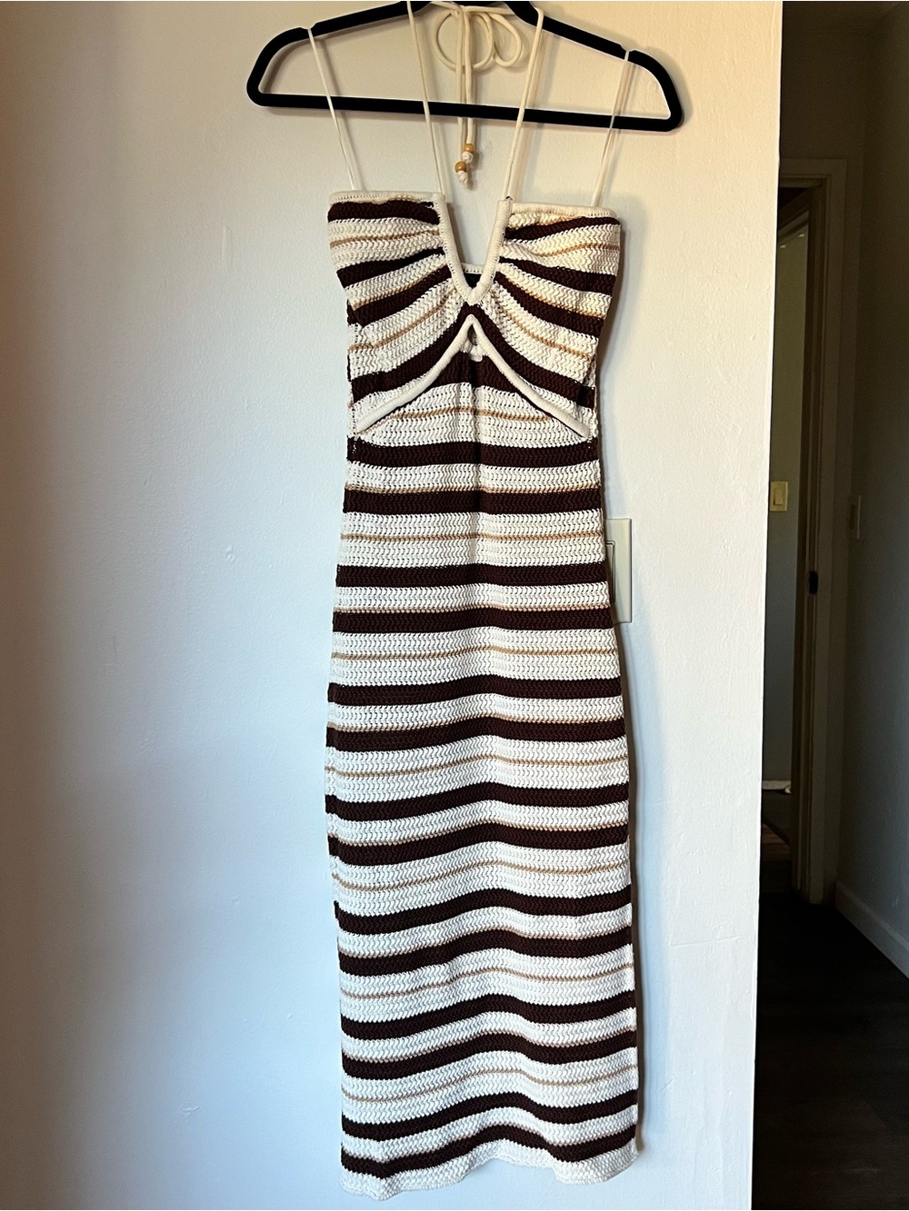 Miou Muse Striped Crochet knit Halter Midi Beach Dress in Cream and Brown